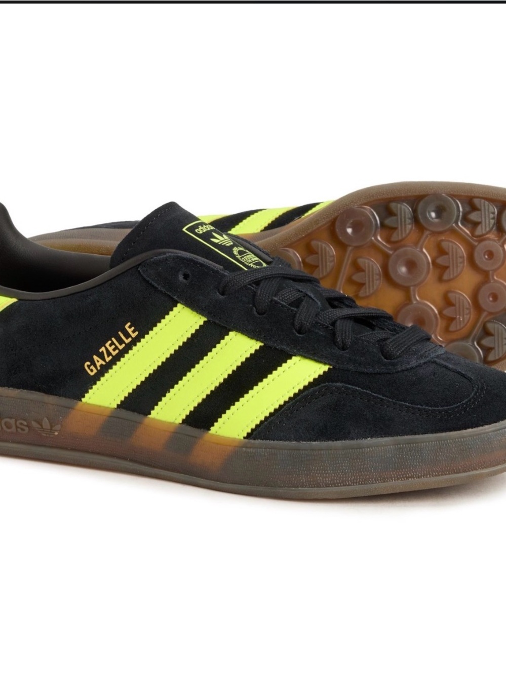 adidas Gazelle Indoor Black Suede Sneakers with Neon Yellow Stripes